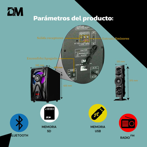 D&m Y7 Bocina Bluetooth Estéreo 3.1 + X Bass, Control Remoto Negro