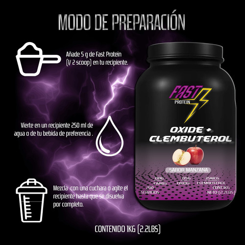 Óxido Nítrico + Clembuterol Fast Suplement 1kg 200 Serv Manzana