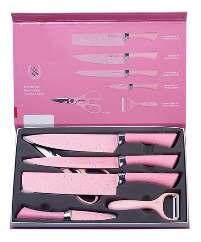 Juego De Cuchillos Profesionales De Acero Kit 6 Piezas Rosa