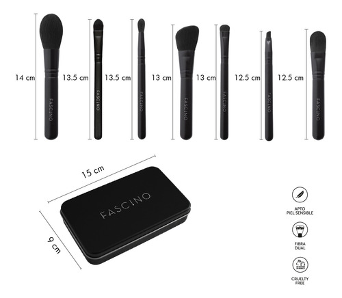 Imagen 2 de 7 de Set 7 Brochas Y Pinceles De Maquillaje Caja Metálica Fascino