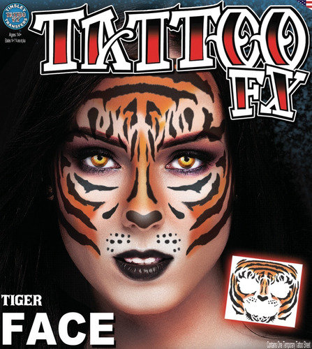 Tatuaje Tigre Animal Temporal Para Rostro Disfraz Halloween Color Naranja