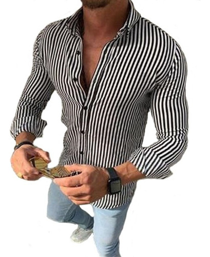 Camisa Moderna A Rayas De Mangas Largas Para Hombre