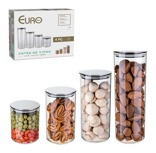 4 Porta Alimentos Linha Slim Vidro Com Tampa Inox Euro