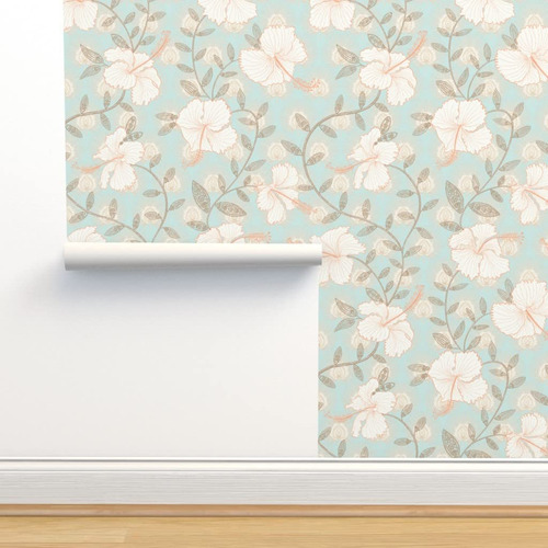 Hibiscus Art Deco Chintz Mint Green Mindful Custom Wallpaper