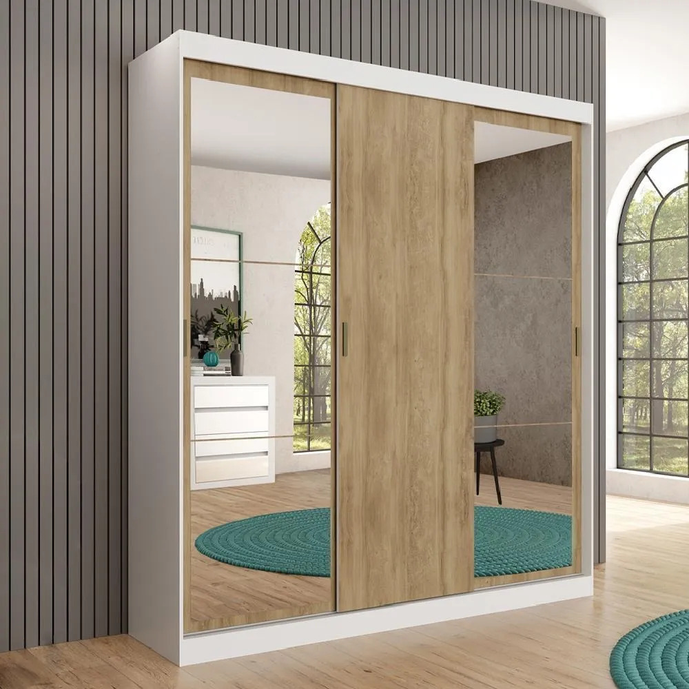 Guarda-Roupa Móveis Carraro 1144 Casal 3 Portas Correr Espelho Branco