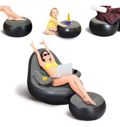 Sillón Inflable Con Otomana Y Soporte Para Tazas, Sofá Infla