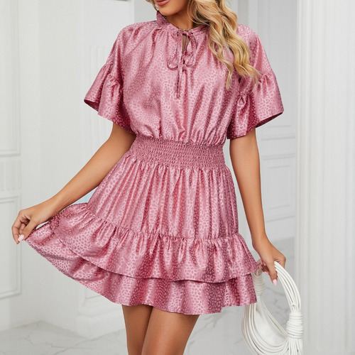Vestido De Satén Holgado Con Volantes Y Cuello En V Para Muj
