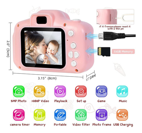 Yu 1080p Hd Kids Selfie Cámara Digital Con Tarjeta De