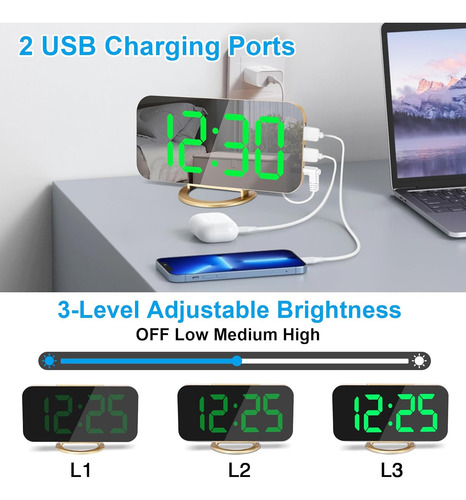 Reloj Despertador Digital Delgado, Puertos De Carga Usb...
