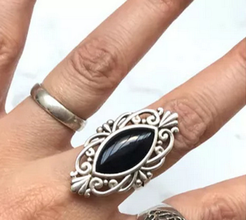 Anillo Hindu Labrado Piedra Obsidiana Plata 925 Rombo