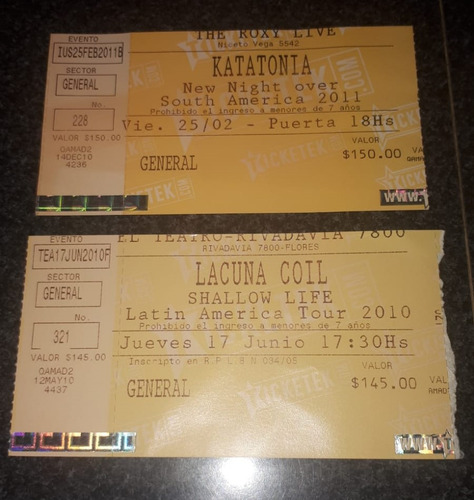 Lote Entradas Recital Metal - Carcass Lacuna Katatonia Tarja (Usado)