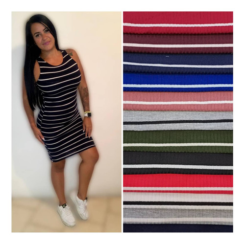 Vestido Corto De Tela Acanalada De Raya 