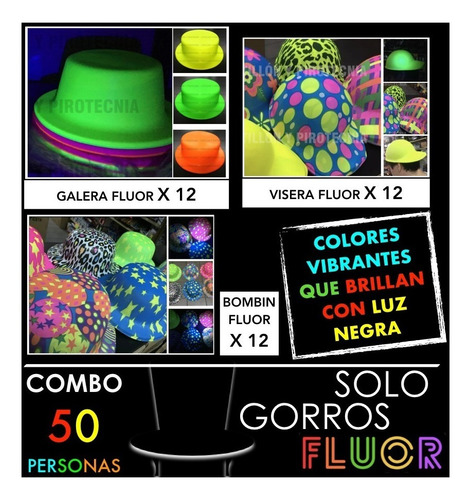 Combo Gorros Fluo 50 Personas Solo Gorro Cotillon Sombrero