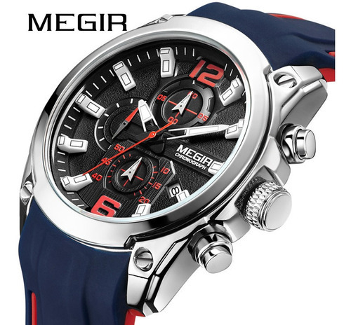 Relógio Megir 2063, cronógrafo esportivo multifuncional, moldura azul/prateada