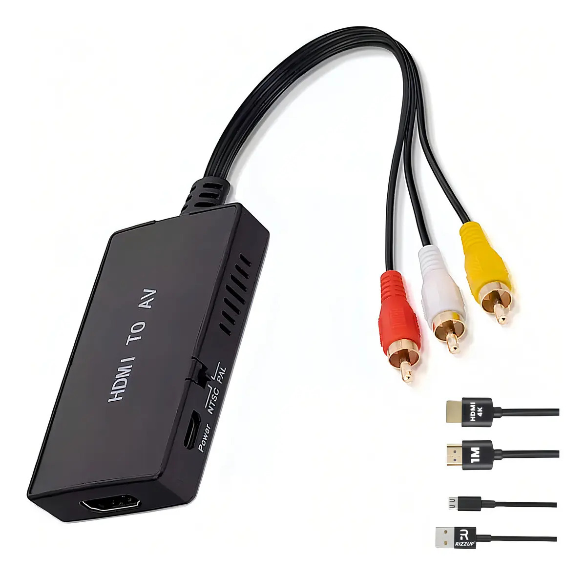 Imagen de Adaptador Rizzup Convertidor de Hdmi a Rca Av para Audio y Video 1080p Con 1meter Hdmi Cable Compatible con Entradas Hdmi Color Negro