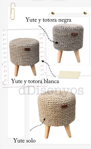 Puff Mini De Yute Y Totora Blanca O Negra Tejido A Mano