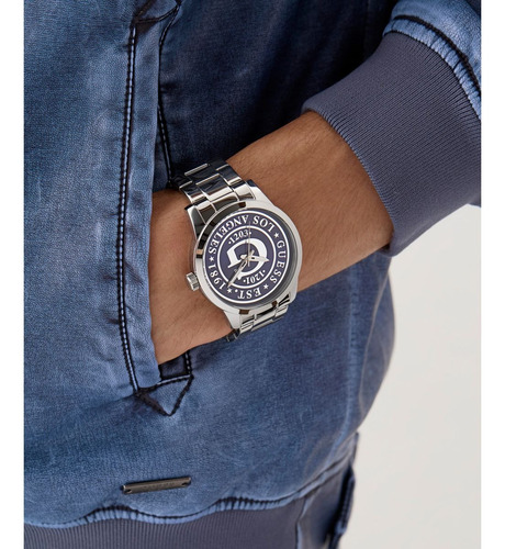 Reloj Guess Collegiate G Hombre Acero Inoxidable Correa Plateado Bisel Plateado Fondo Azul