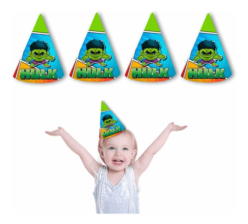  Gorros Conos Hulk Cumpleaños Pack X5