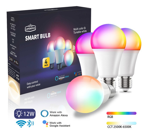 4pcs Focos Lapurete's Led 12w Wifi Inteligente Luz Led Para Alexa Rgbcw Luces E26 Focos , Control Remoto De Briturn App Y Control De Voz, Focos Inteligente Compatible Con Ios, Android, Alexa,google