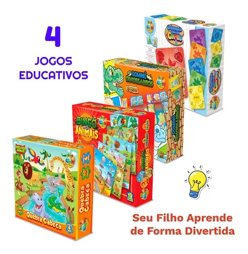 Kit 4 Jogos Quebra Cabeça Dominó Dinossauros Bingo Cores