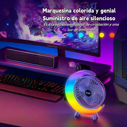 Ventilador De Escritorio Portátil Recargable Usb Con Luz Rgb 23.5 Cm 50 Azul Blanco Plástico 3