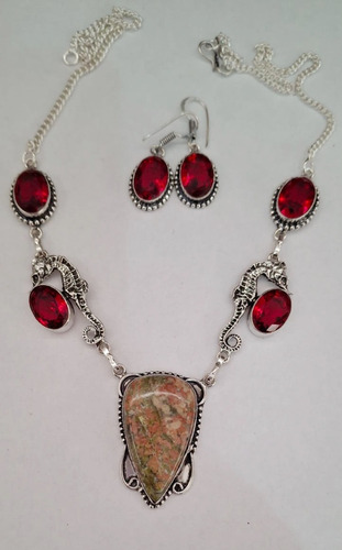 Granate, Collar Y Aritos Artesanales Plata Indu Rojo