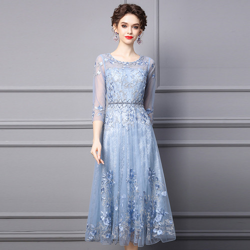 Vestido Midi Feminino Elegante Com Bordado Floral E Manga 3/