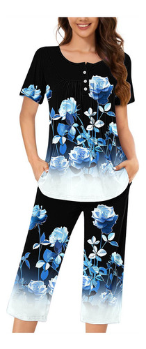 Conjunto De Pijama P Para Mujer, Cuello Redondo, Manga Corta