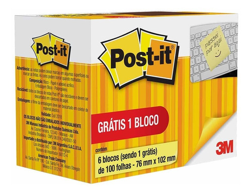 Bloco Adesivo Post-it 3m 76x102mm Amarelo 6x100 Folhas