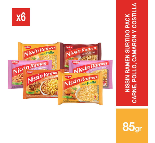 Ramen Nissin Surtido Carne/pollo/costilla/camaron - 6 Unid