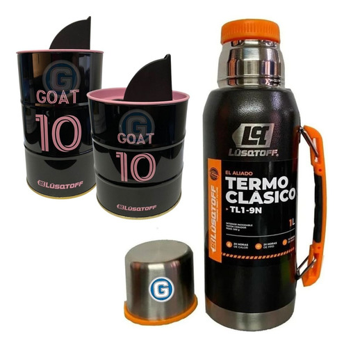 Kit Termo Negro Lüsqtoff 1l + Yerbera Azucarera Goat 10 Mate