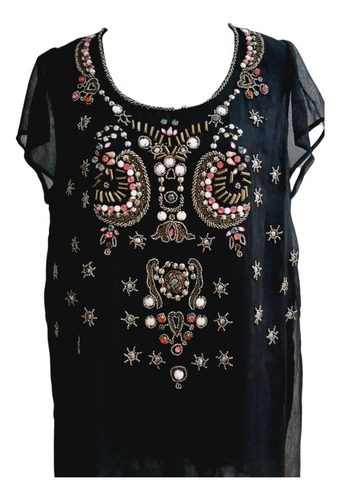 Vestido Corto De Gasa Bordada Con Pedrería Y Mostacillas (Usado)