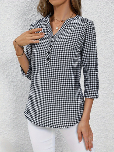 Camisa De Mujer Con Estampado De Cuadros Suave Y Suelta