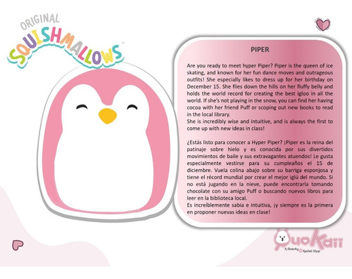 Squishmallow Kellytoy 7 Inches Piper Penguin Pingüino Rosa