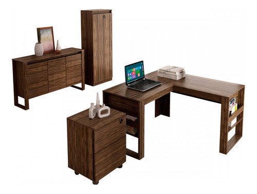 Conjunto Home Office 4 Peças Stanford 3 Marrom - Pnr Móveis