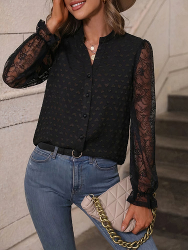 Camisa Blusa De Manga Larga Malla Transparente Para Mujer