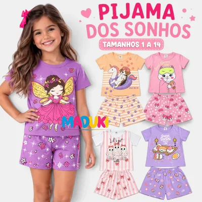 Kit 4 Peças Pijama Infantil Menina Verão Manga Curta Verão Sortidas 8