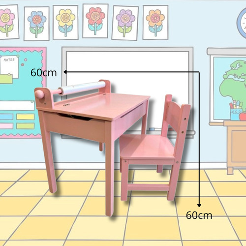Mesa Escritorio+silla Infantil Tipo Butaca Baul Rosa Madera