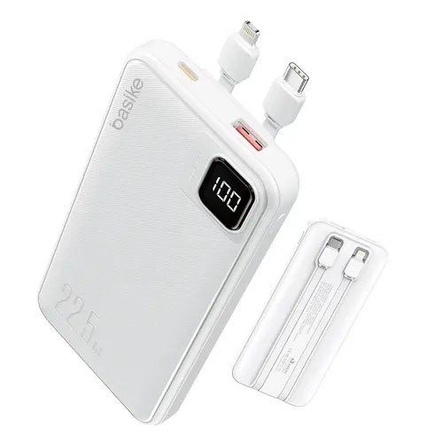 Power Bank Basike 10000mah Branco Carga Rapida 225w Para Iphone E Samsung Com Cabos Embutidos E Display