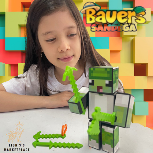Boneco Minecraft Sandega Bauers15cm Chaveiro+ferramenta+jogo