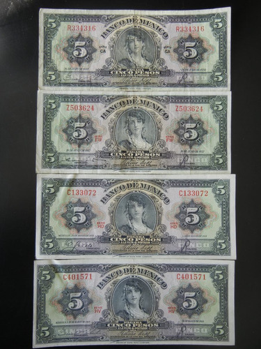 Cuatro Antiguos Billetes $ 5 Pesos  1950, 57, 58 Y 59