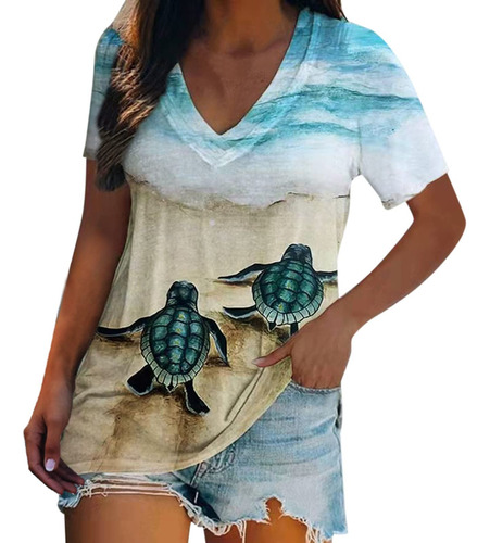 V Mujer Blusa Playera Manga Corta Estampada Tortuga Mar Ab1