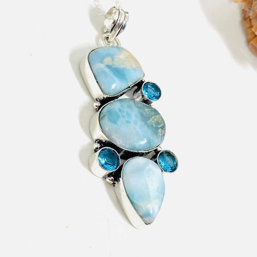 Imagen 3 de 7 de Colgante Plata India Larimar Y Topacio Azul 100% Natural Clt