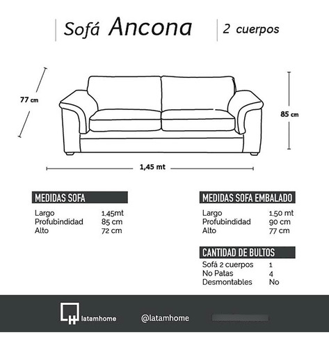 Sofa Ancona 2 Cuerpos Pu Grano - Latam Home