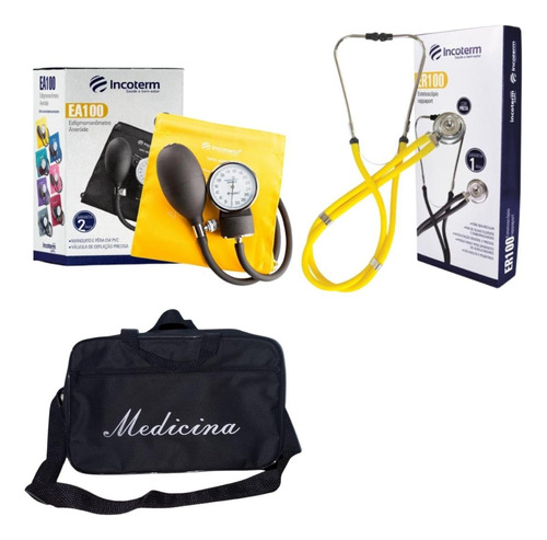 Kit Medicina Com Esteto Esfigmo E Bolsa Amarelo