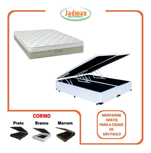 Cama Box Baú King + Colchão Strong 193x203 Cor Branco