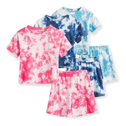 Conjunto Niña Tie Dye Azul Polera Y Short Algodón Colores