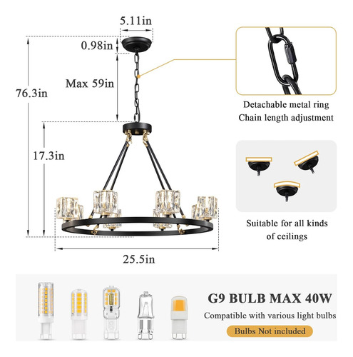 Candelabro De Rueda De Carro Negro Con 8 Luces De Cristal