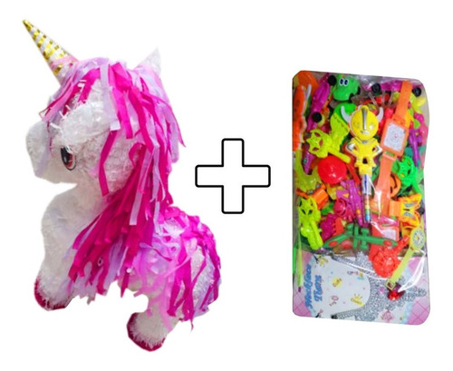 Piñata Papel + Relleno Figura Juguetes Unicornio Rosado