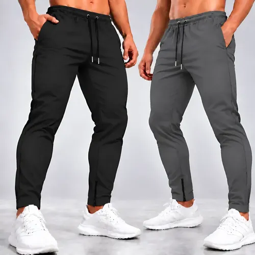 Kit 2 Calças Jogger Tactel Com Elastano Bolsos E Zipper Preta E Cinza M